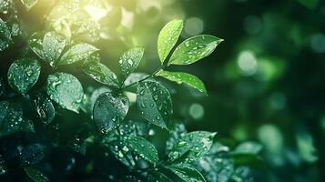 Leafy green plant with raindrops on it. The leaves are wet and shiny, and the sunlight is shining through the leaves, creating a beautiful and peaceful scene photo