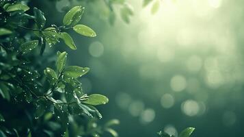 Leafy green tree with raindrops on it. The leaves are wet and the tree is surrounded by a blurry background photo