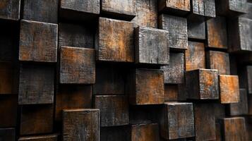 Wall made of wooden blocks with a brown and orange color scheme. The blocks are arranged in a way that creates a sense of depth and texture. Scene is warm and inviting photo