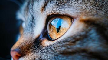 Cat's eye is shown in a close up, with the reflection of the sky visible in the eye photo