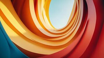 Spiral of red, yellow, and orange paper. The colors are bright and bold, creating a sense of energy and movement. The spiral shape adds a sense of depth and dimension to the piece photo