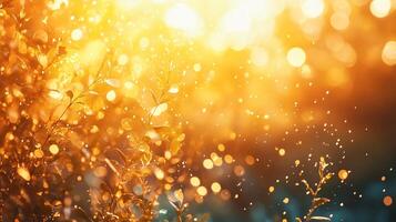 Bright yellow background with a bunch of leaves and a lot of light shining on them. The leaves are scattered all over the background, creating a sense of movement and energy photo