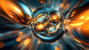 Close up of two spheres of different colors, one orange and one blue. The spheres are surrounded by a blurry background, giving the impression of a swirling vortex photo