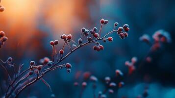 Branch of a plant covered in frost. The branch is surrounded by a blue sky. Concept of calmness and serenity photo