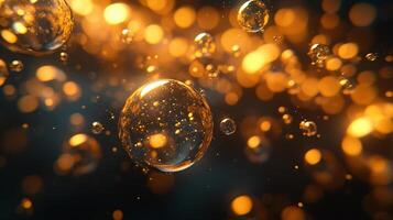 Close up of a bunch of bubbles with a goldish tint. The bubbles are scattered throughout the image, with some larger and some smaller. Scene is playful and whimsical photo