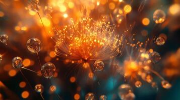 Close up of a flower with many small droplets of water surrounding it. The droplets are scattered all over the flower, creating a sense of movement and life. The image conveys a feeling of freshness photo
