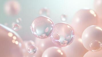 Group of pink spheres, some of which are larger and some smaller. Scene is one of playfulness and whimsy, as the spheres seem to be floating in the air photo