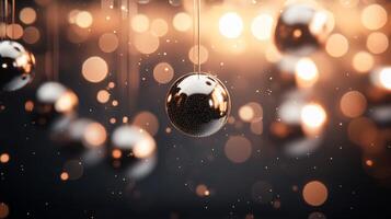 Bunch of shiny silver balls hanging from a string. The balls are all different sizes and are scattered throughout the image. Scene is festive and celebratory photo