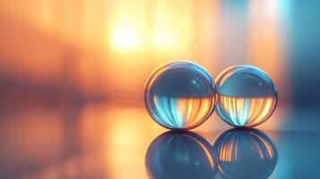 Two large, clear spheres are reflected in a mirror. The spheres are positioned close to each other, creating a sense of unity and harmony. The mirror's reflection adds depth and dimension to the scene photo