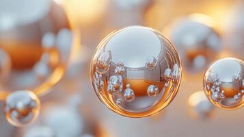 Close up of a bunch of shiny, reflective spheres. The spheres are all different sizes and are scattered throughout the image. Scene is one of elegance and sophistication photo
