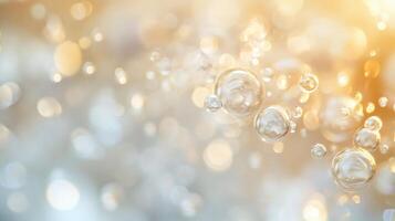 Blurry image of bubbles floating in the air. The bubbles are of different sizes and are scattered throughout the image. Scene is light and playful photo