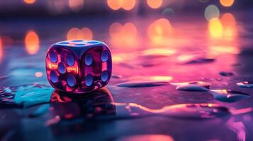 Red die is sitting on a wet surface. The die is surrounded by a blurry background, giving the image a dreamy, surreal feel photo