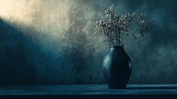 Vase of flowers sits on a table in front of a wall. The vase is empty, and the flowers are wilted. Scene is somber and melancholic photo