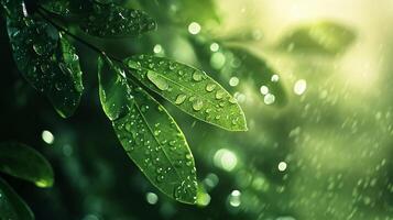 Leaf is covered in raindrops, creating a serene and peaceful atmosphere. The droplets on the leaf reflect the sunlight, adding a touch of magic to the scene photo