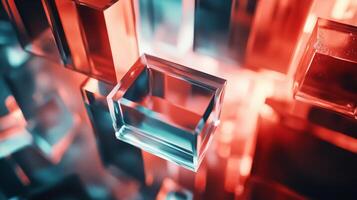 Close up of a cube with a blue center and red edges. The cube is surrounded by other cubes, creating a sense of depth and dimension. The image has a futuristic and abstract feel to it photo
