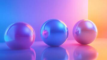 Three shiny, colorful spheres are reflected in a mirror. The spheres are of different sizes and colors, creating a sense of depth and dimension. The scene is set against a backdrop of a bright photo