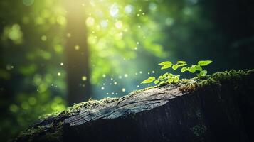 Small plant is growing on a log in a forest. The image has a peaceful and serene mood, with the sunlight shining through the trees and the plant growing in the shade photo