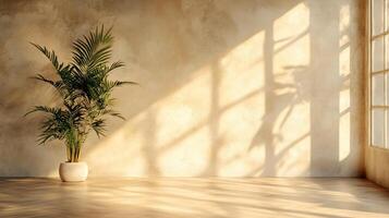 Large plant sits in a white vase in a room with a tan wall. The room is empty and the sunlight is shining on the plant, creating a warm and inviting atmosphere photo