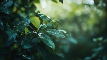 Leafy green tree with raindrops on it. The leaves are wet and shiny, and the tree is surrounded by a lush green forest. Concept of freshness and vitality, as the rain nourishes the plants photo