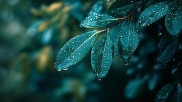 Leaf with raindrops on it. The leaf is green and the raindrops are small. The image has a calm and peaceful mood photo