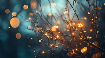 Tree with branches that are lit up with lights. The lights are scattered throughout the branches, creating a warm and inviting atmosphere. Concept of coziness and comfort photo