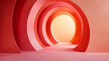 Red and orange tunnel with a white circle in the middle. The tunnel is made of paper and has a circular shape photo