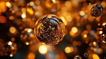 Close up of a gold colored sphere with a blurry background. The sphere is surrounded by other spheres, creating a sense of depth and movement. Scene is one of playfulness and whimsy photo
