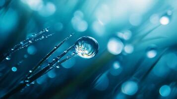 Water droplet is captured in a blurry image of grass. The droplet is surrounded by a field of grass, and the water appears to be reflecting the sky. Concept of tranquility and calmness photo