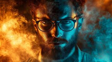 Man with glasses is in the center of a colorful explosion. The explosion is made up of red and blue colors photo