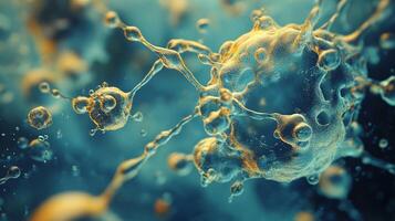 Close up of a cell with many bubbles surrounding it. The bubbles are of different sizes and colors, giving the impression of a dynamic and active environment. Concept of movement and energy photo