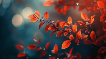 Leafy branch with red leaves and a blue background. The leaves are in various stages of ripeness, with some still green and others turning red. The blue background creates a sense of calm photo