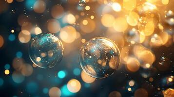 Two bubbles floating in a blurry, colorful background. The bubbles are surrounded by a lot of light and dark spots, giving the image a dreamy, ethereal quality photo