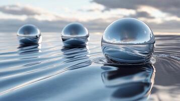 Three shiny, reflective spheres float on the surface of the water. The water is calm and still, and the spheres are the only movement in the scene. Concept of tranquility and serenity photo