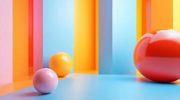Room with three balls of different colors, one of which is red. The room is painted in bright colors, giving it a fun and playful atmosphere photo
