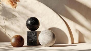 Three round objects, one black and two white, are placed on top of three black pedestals. The scene is set against a white background, with a shadow cast by the objects photo