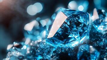 Blue crystal is on a rock. The crystal is surrounded by other crystals. The image has a calm and serene mood photo