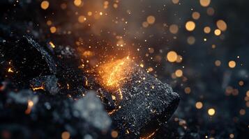Black rock with a bright orange flame on it. The fire is surrounded by a lot of sparks, creating a dramatic and intense scene. The contrast between the dark rock photo