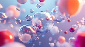 Bunch of colorful bubbles floating in the air. The bubbles are of different sizes and colors, creating a vibrant and playful atmosphere. Concept of joy and freedom, as if the bubbles are dancing photo