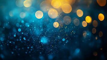 Blurry blue and yellow background with many small circles. The circles are of different sizes and colors, creating a sense of movement and energy. Scene is dynamic and lively photo