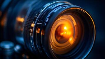 Close up of a camera lens with a yellow light shining on it. The lens is black and the light is orange photo