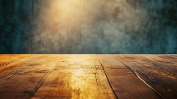 Wooden table with a blue background. The table is empty photo