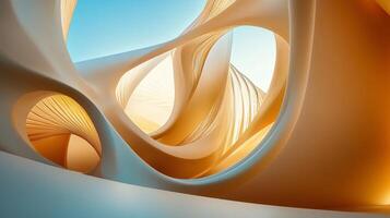 Large, curved, orange and white structure with a blue sky in the background. The structure is made of paper and has a very abstract and modern look to it photo