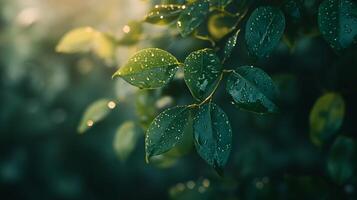 Leafy green plant with raindrops on it. The leaves are wet and shiny, and the sunlight is shining through the leaves, creating a beautiful and peaceful scene photo