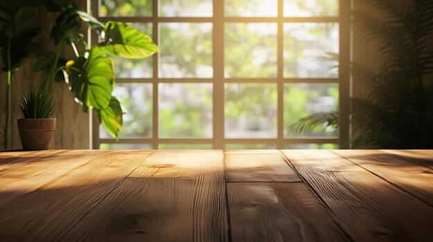 Wooden table with a potted plant on it and a window in the background. The sunlight is shining through the window, creating a warm and inviting atmosphere photo