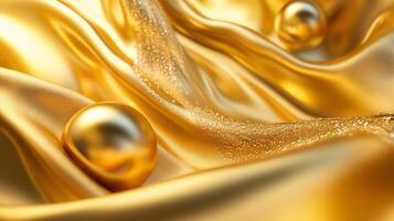 Luxurious gold fabric is draped over a table, adorned with gold beads and glitter. The fabric's rich color and texture create a sense of opulence and elegance photo