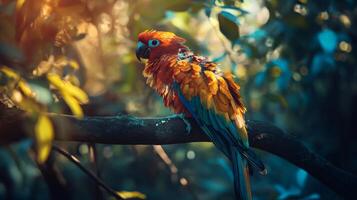 Colorful parrot is perched on a tree branch. The bird is orange and blue, and it is enjoying the sunlight. The scene is peaceful and serene, with the bird being the focal point of the image photo