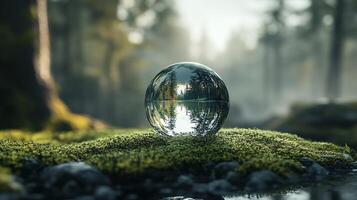 Clear ball is sitting on a patch of green moss. The moss is growing on a rock and the water is reflecting the ball. The scene is peaceful and serene, with the water photo