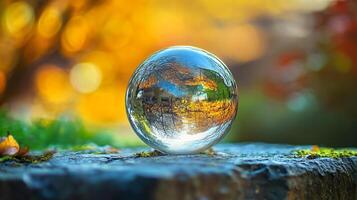 Clear glass ball is sitting on a rock. The reflection of the surrounding area is visible in the ball photo