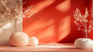 Room with a red wall and white trim. There are two white vases with flowers in them and a white pillow on the floor. The room has a warm and inviting atmosphere photo