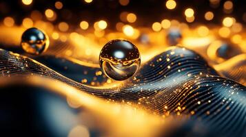 Close up of a gold and black surface with three shiny spheres on it. The spheres are reflecting light and creating a sense of depth and movement. Scene is one of luxury and sophistication photo